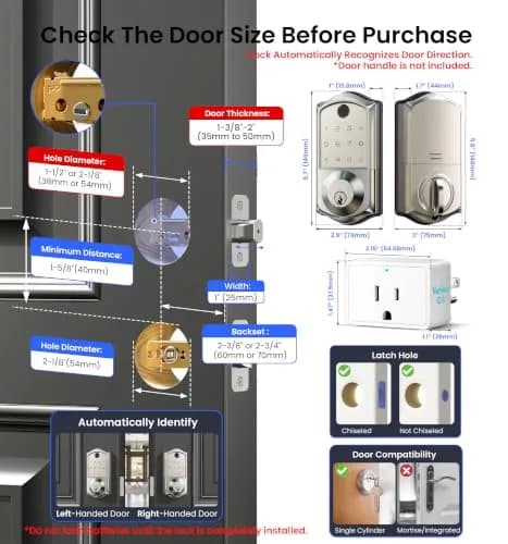 Veise VE017G WiFi Smart Keyless Entry Lock for Front Door, Satin Nickel | App, Fingerprint, Voice Unlock thumbnail 6