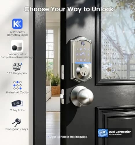 Veise VE017G WiFi Smart Keyless Entry Lock for Front Door, Satin Nickel | App, Fingerprint, Voice Unlock thumbnail 2