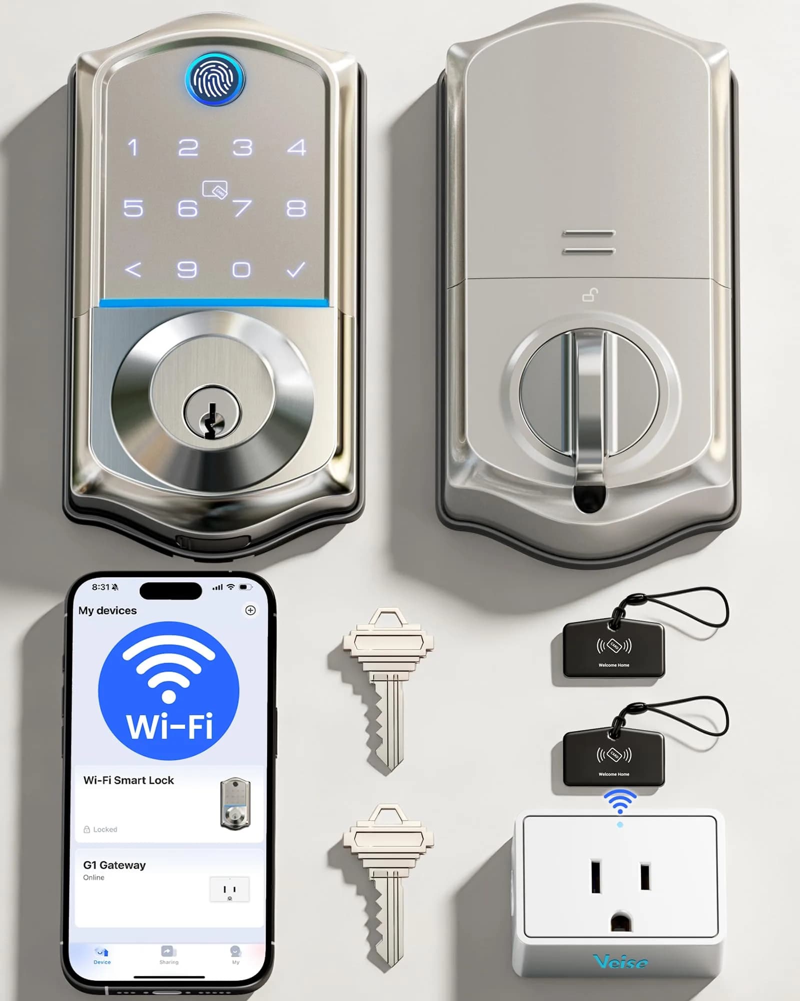 Veise VE017G WiFi Smart Keyless Entry Lock for Front Door, Satin Nickel | App, Fingerprint, Voice Unlock - main product image