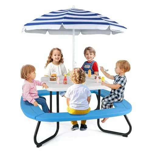 CLEEMAN Kids Picnic Table with Umbrella & Benches | Fits 8 Children, Indoor Outdoor (White+Blue) | ASTM & CPSIA Compliant thumbnail 1