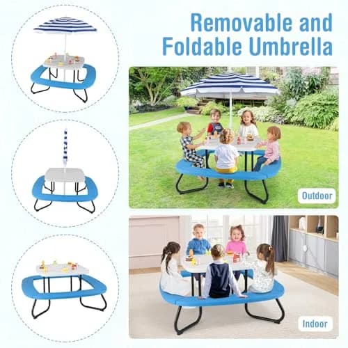 CLEEMAN Kids Picnic Table with Umbrella & Benches | Fits 8 Children, Indoor Outdoor (White+Blue) | ASTM & CPSIA Compliant thumbnail 5