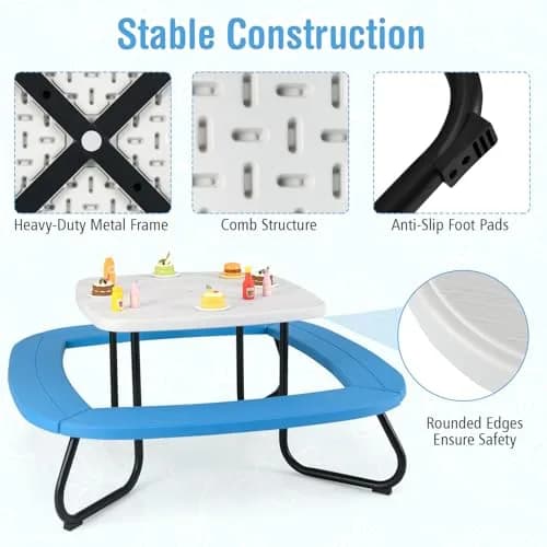 CLEEMAN Kids Picnic Table with Umbrella & Benches | Fits 8 Children, Indoor Outdoor (White+Blue) | ASTM & CPSIA Compliant thumbnail 7