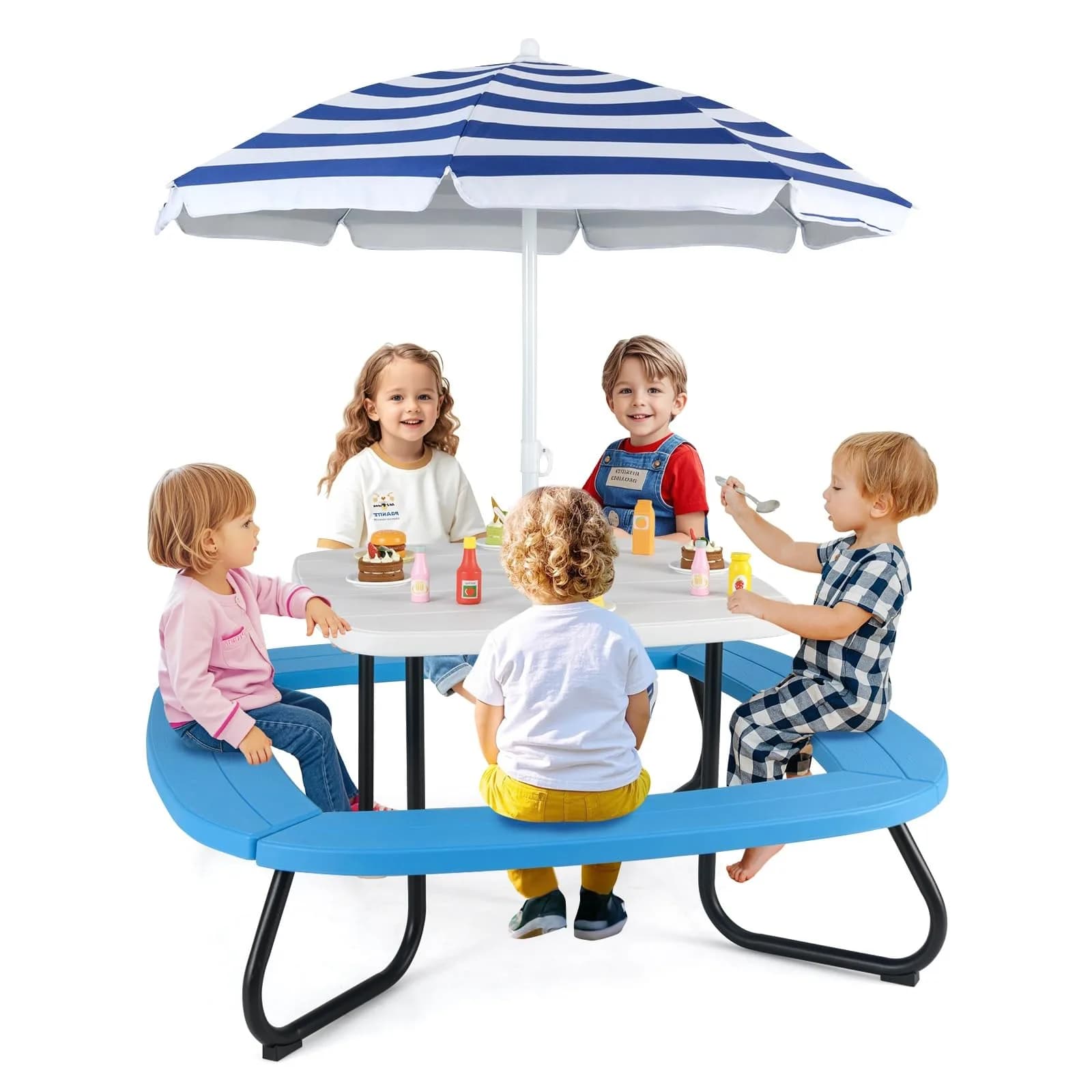 CLEEMAN Kids Picnic Table with Umbrella & Benches | Fits 8 Children, Indoor Outdoor (White+Blue) | ASTM & CPSIA Compliant
