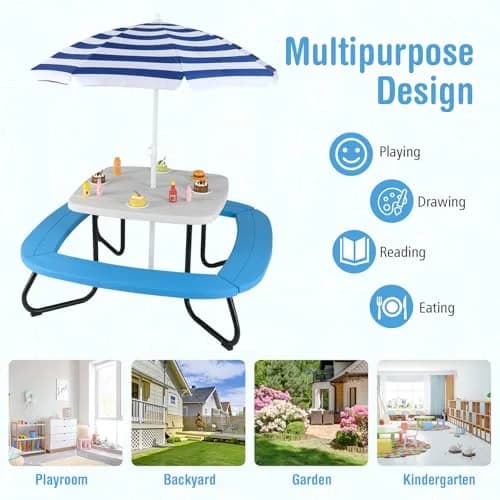 CLEEMAN Kids Picnic Table with Umbrella & Benches | Fits 8 Children, Indoor Outdoor (White+Blue) | ASTM & CPSIA Compliant thumbnail 8