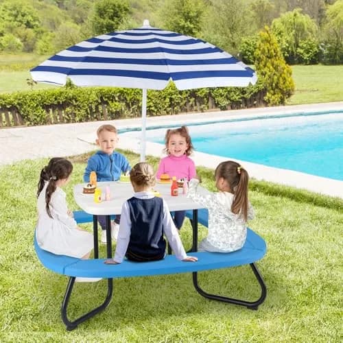 CLEEMAN Kids Picnic Table with Umbrella & Benches | Fits 8 Children, Indoor Outdoor (White+Blue) | ASTM & CPSIA Compliant thumbnail 9