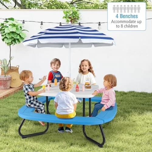 CLEEMAN Kids Picnic Table with Umbrella & Benches | Fits 8 Children, Indoor Outdoor (White+Blue) | ASTM & CPSIA Compliant thumbnail 2