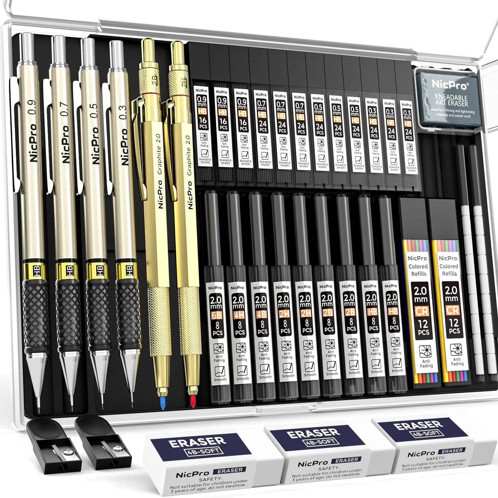 Nicpro Mechanical Pencil Set with 35PCS Art Leads, Erasers & Sharpeners | 0.5/0.7/0.9/2.0mm Fine Point — Gold / 0.3 0.5 0.7 0.9 2.0
