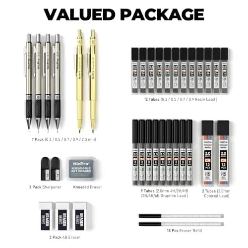 Nicpro 37PCS Gold Art Mechanical Pencil Set, 0.3/0.5/0.7/0.9/2mm Point | Smooth Ink Flow Writing Instrument thumbnail 6