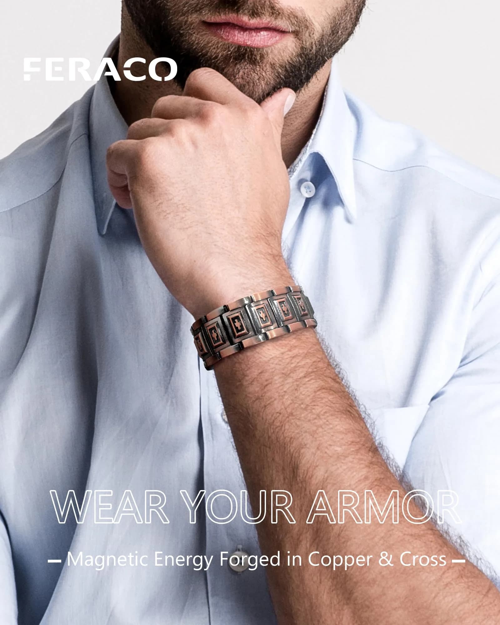 Feraco Men's Copper Magnetic Bracelet with Cross 23 cm (9.05 inches) | Faith and Strength Symbolism - view 5