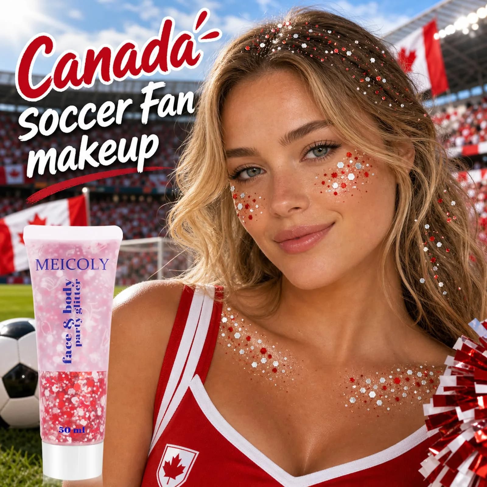 MEICOLY Red and White Face Glitter | Hexagonal, 1.76 oz (50 g) - view 2