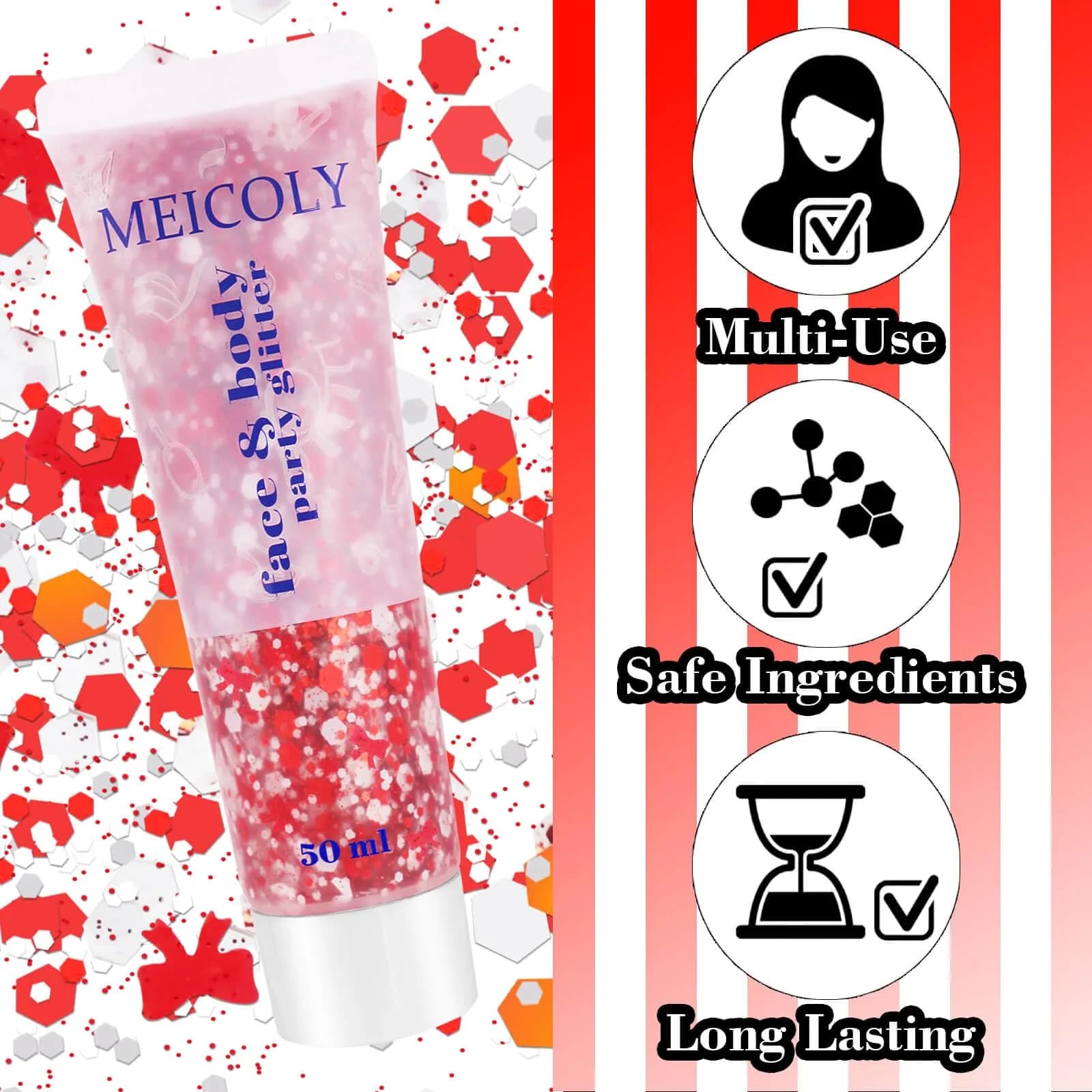MEICOLY Red and White Face Glitter | Hexagonal, 1.76 oz (50 g) - view 3