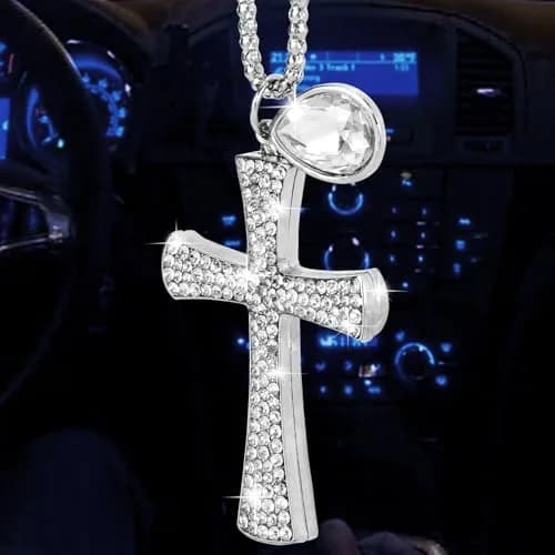 PAGOW Silver Hanging Cross Car Decor 43cm | Crystal Rhinestone Pendant for Vehicle Interior thumbnail 1
