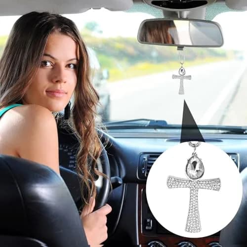 PAGOW Silver Hanging Cross Car Decor 43cm | Crystal Rhinestone Pendant for Vehicle Interior thumbnail 4