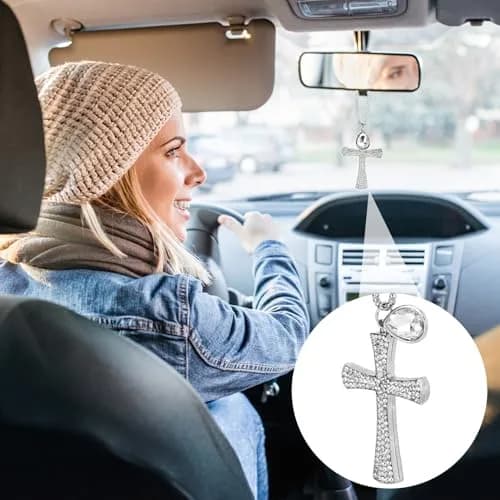 PAGOW Silver Hanging Cross Car Decor 43cm | Crystal Rhinestone Pendant for Vehicle Interior thumbnail 3