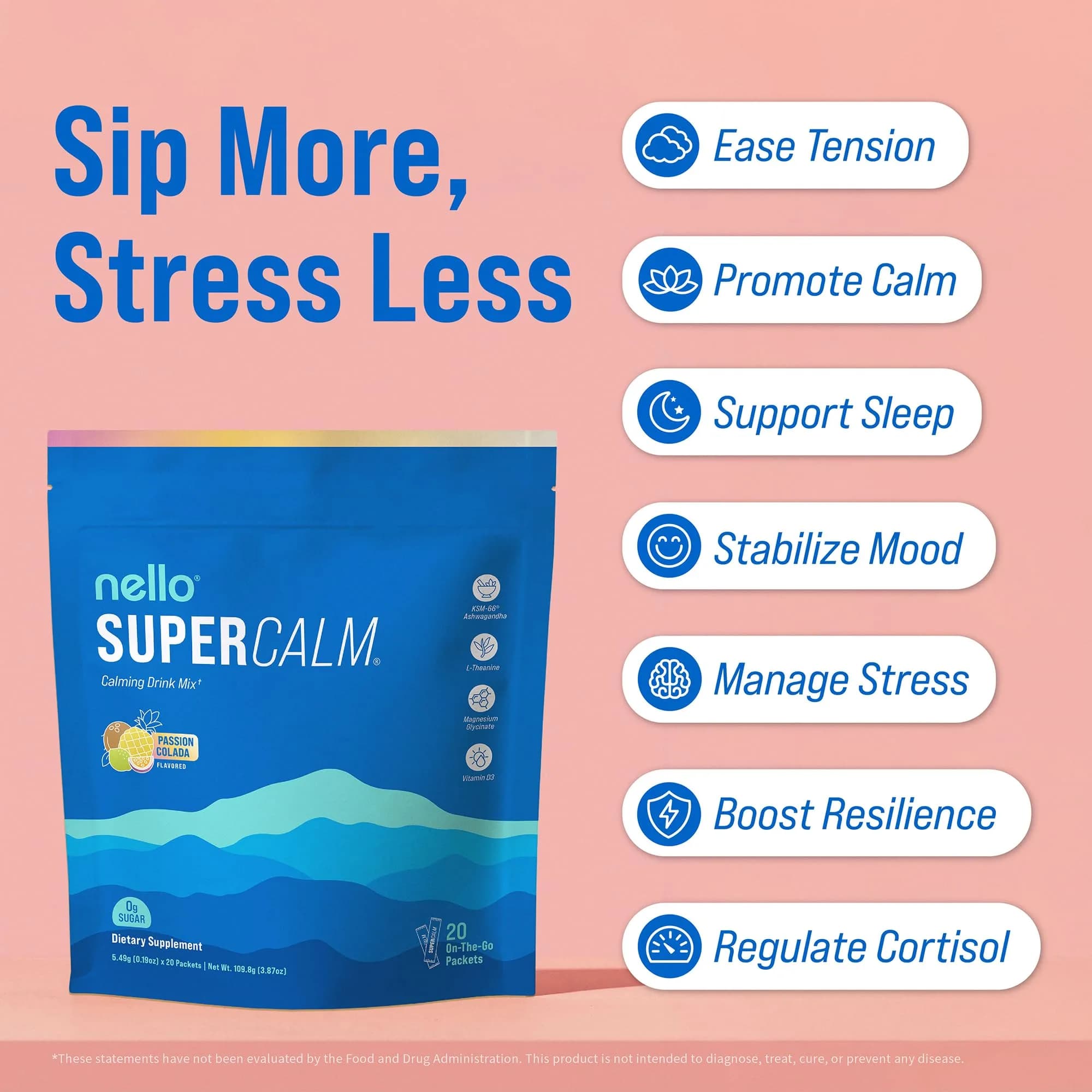 Nello SuperCalm Powdered Drink Mix Passion Colada 20 Ct | Cortisol Reducer and Sleep Aid Supplement - view 3