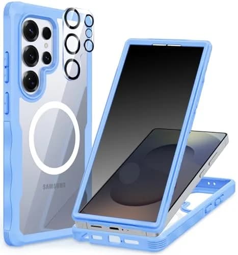CENHUFO Magnetic Privacy Case for Samsung Galaxy S25 Ultra, Full Body with Built-in Privacy Screen Protector & Camera Cover, Shockproof Bumper - Light Blue thumbnail 1