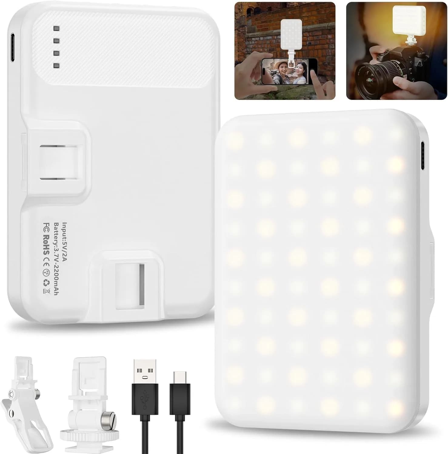 Hagibis Selfie Light, LED Camera Light Video Lights 60 LED 2200mAh Rechargeable Phone Light 7 Modes, 10-Level Brightness | Portable Clip-on for Phone/Tablet/Laptop, White — White