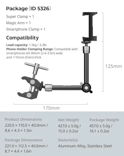 SmallRig 9.8" Articulating Magic Arm with Super Clamp & Phone Holder | 220mm (8.6") Black thumbnail 8