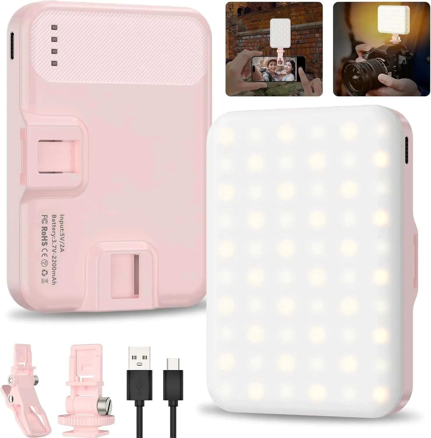 Hagibis Pink Camera Continuous Light 60 LED | Rechargeable Selfie Lighting with 7 Modes & 10 Brightness Levels — Pink