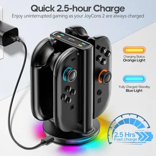 Rysker Switch 2 Joycon Charger with 9 RGBs, Magnetic & Bi-Directional Design, 4-in-1 Dock Station Stand for Nintendo Switch 2 Joy-Cons (Black) thumbnail 4
