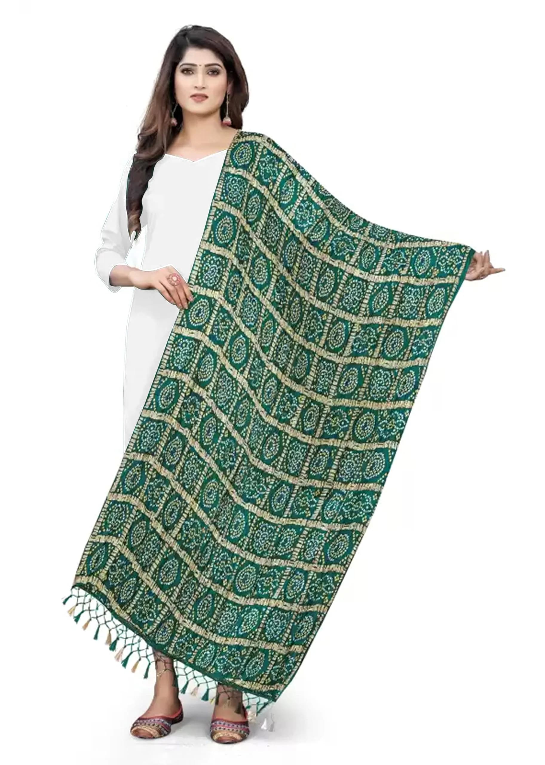 TRENDMALLS Bandhej Chinon Silk Dupatta for Women, 220cm x 120cm | DarkGreen Geometric Print with Tassels — Darkgreen