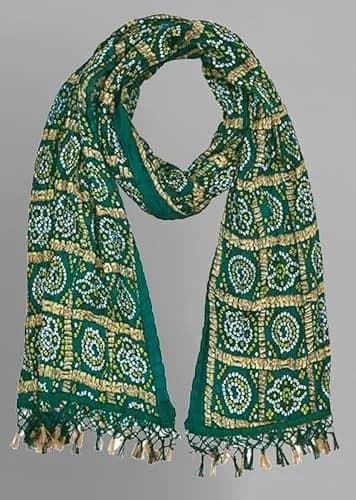 TRENDMALLS Bandhej Chinon Silk Dupatta for Women, 220cm x 120cm | DarkGreen Geometric Print with Tassels thumbnail 5
