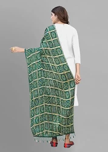 TRENDMALLS Bandhej Chinon Silk Dupatta for Women, 220cm x 120cm | DarkGreen Geometric Print with Tassels thumbnail 2