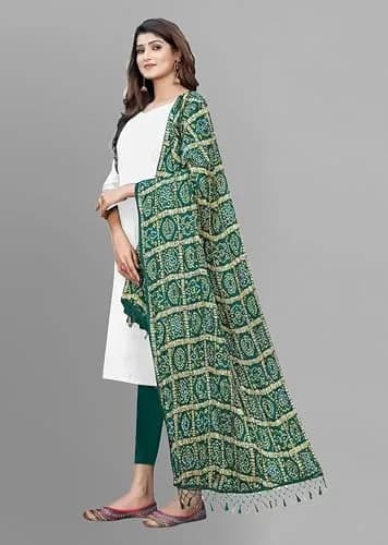 TRENDMALLS Bandhej Chinon Silk Dupatta for Women, 220cm x 120cm | DarkGreen Geometric Print with Tassels thumbnail 3