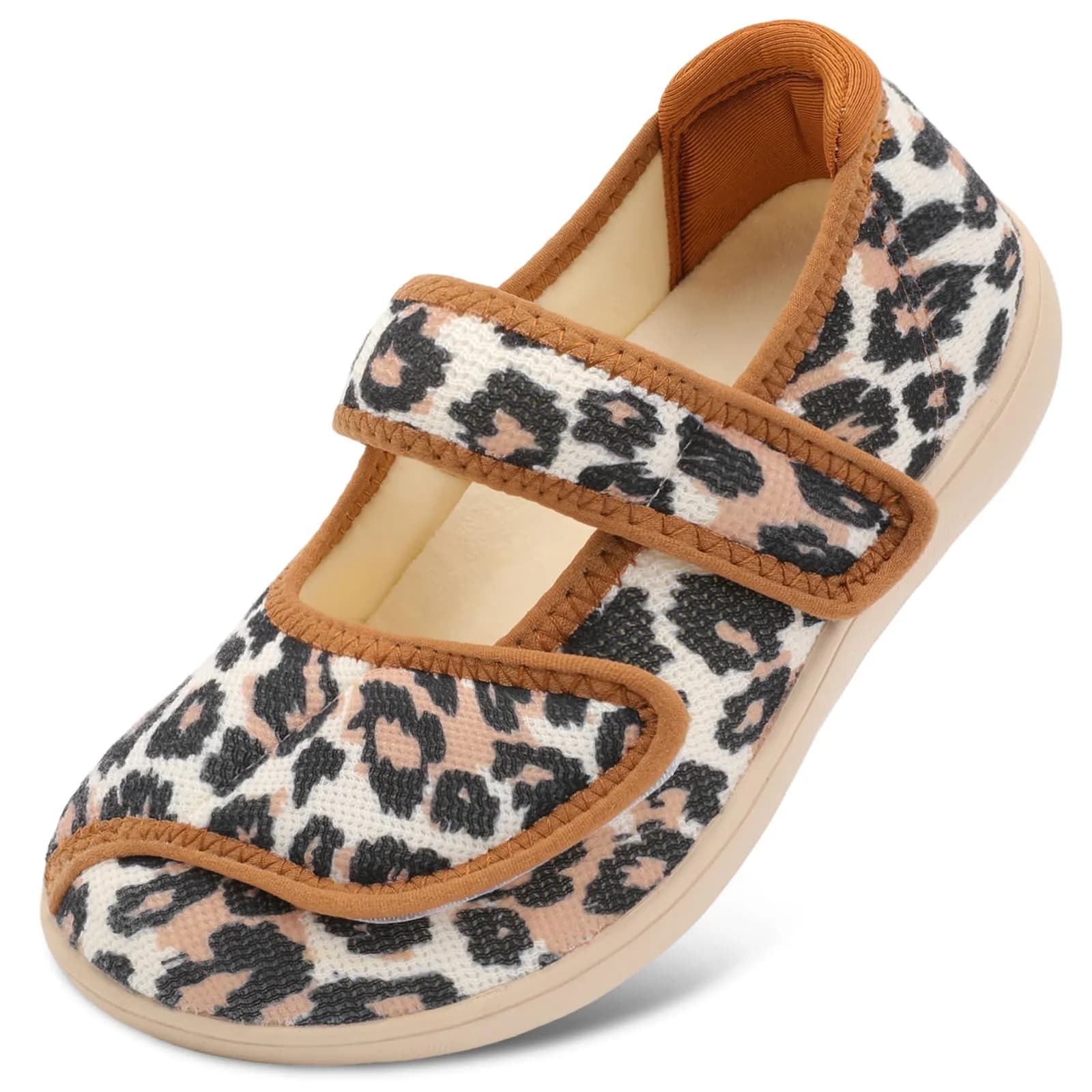 JOINFREE Women's Wide Comfort Diabetic Slippers with Adjustable Strap & Leopard Print | Size 9 Wide (25.4cm / 9.9in) — Leopard