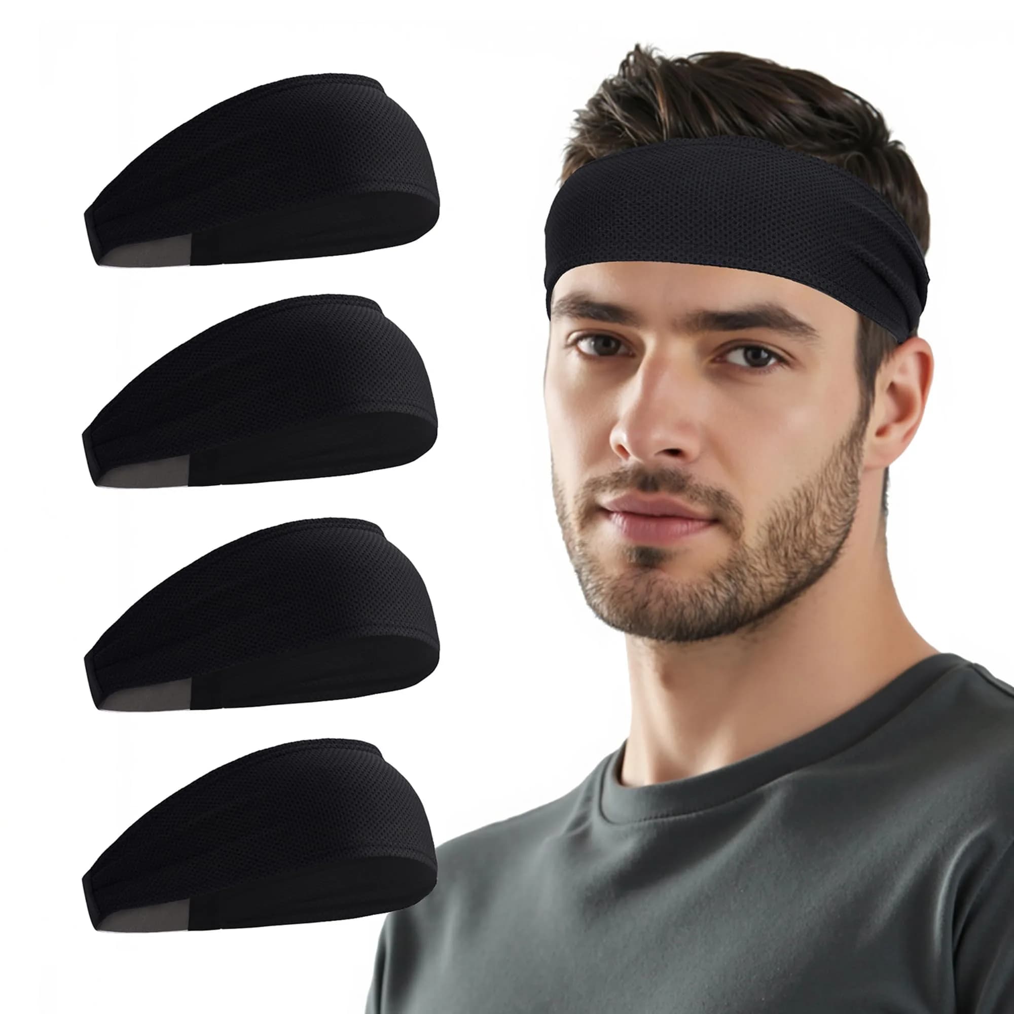 Sukeen Cooling Headbands for Men 4 Pack, Sweat Bands Headbands for Running | Instant Cooling Fabric — Black