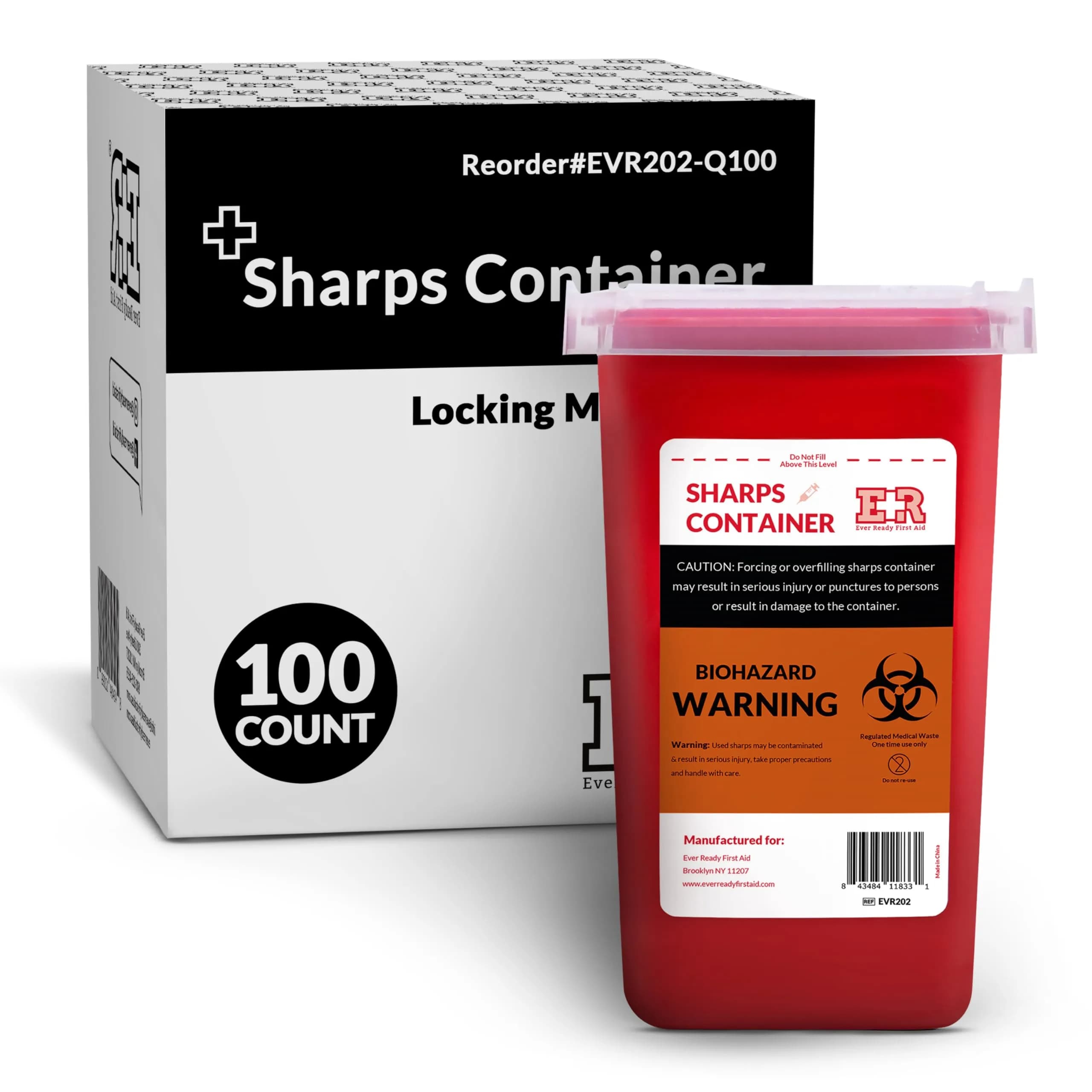 Ever Ready First Aid Sharps Container 1 Quart (100-Count Pack) | Secure Needle, Syringe, Lancet Disposal — Red