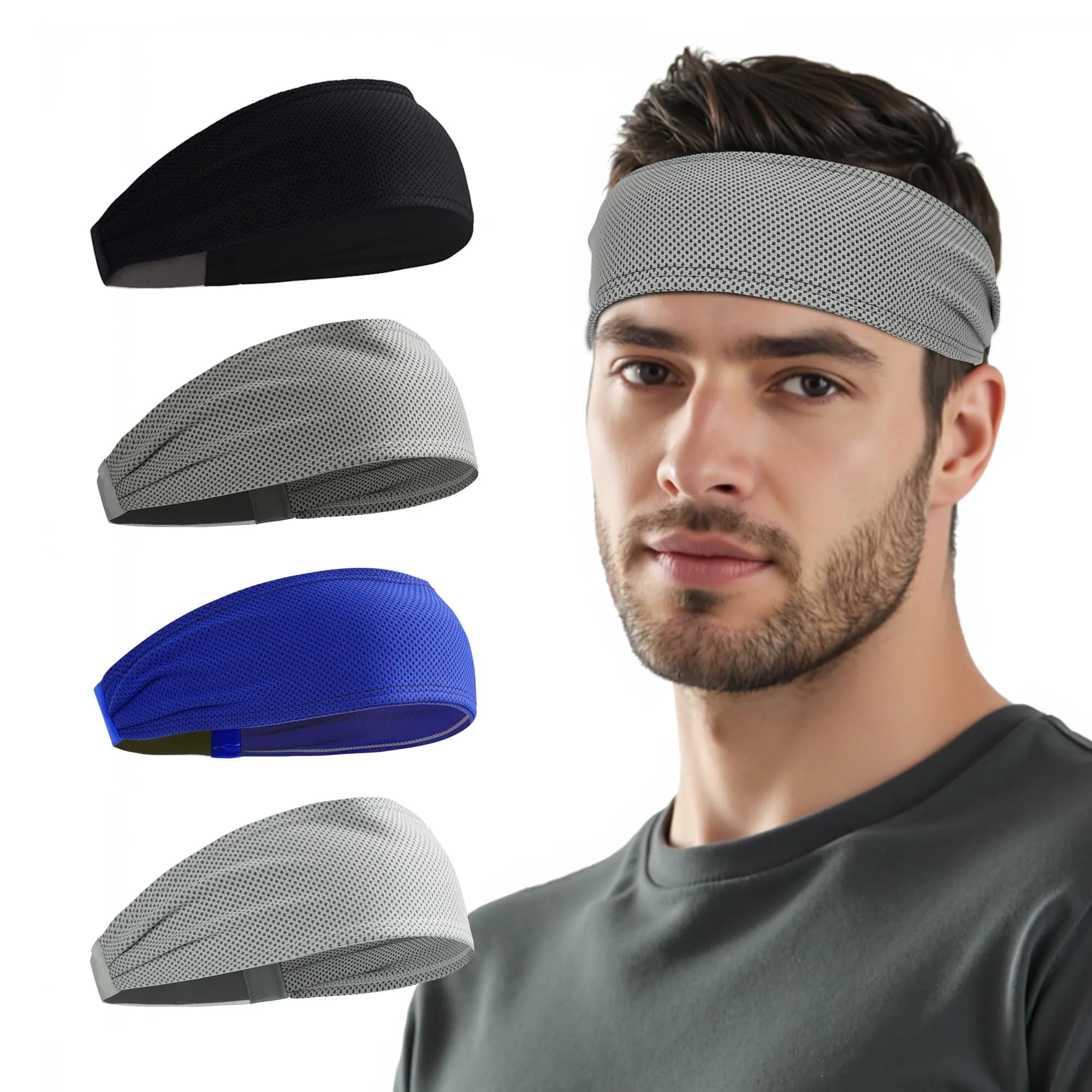 Sukeen Cooling Headbands for Men 4 Pack, Non-Slip Elastic Sweatbands for Running & Gym, 21.26"-23.62" Head Circumference — Black/Dark Gray/Royal Blue/Gray