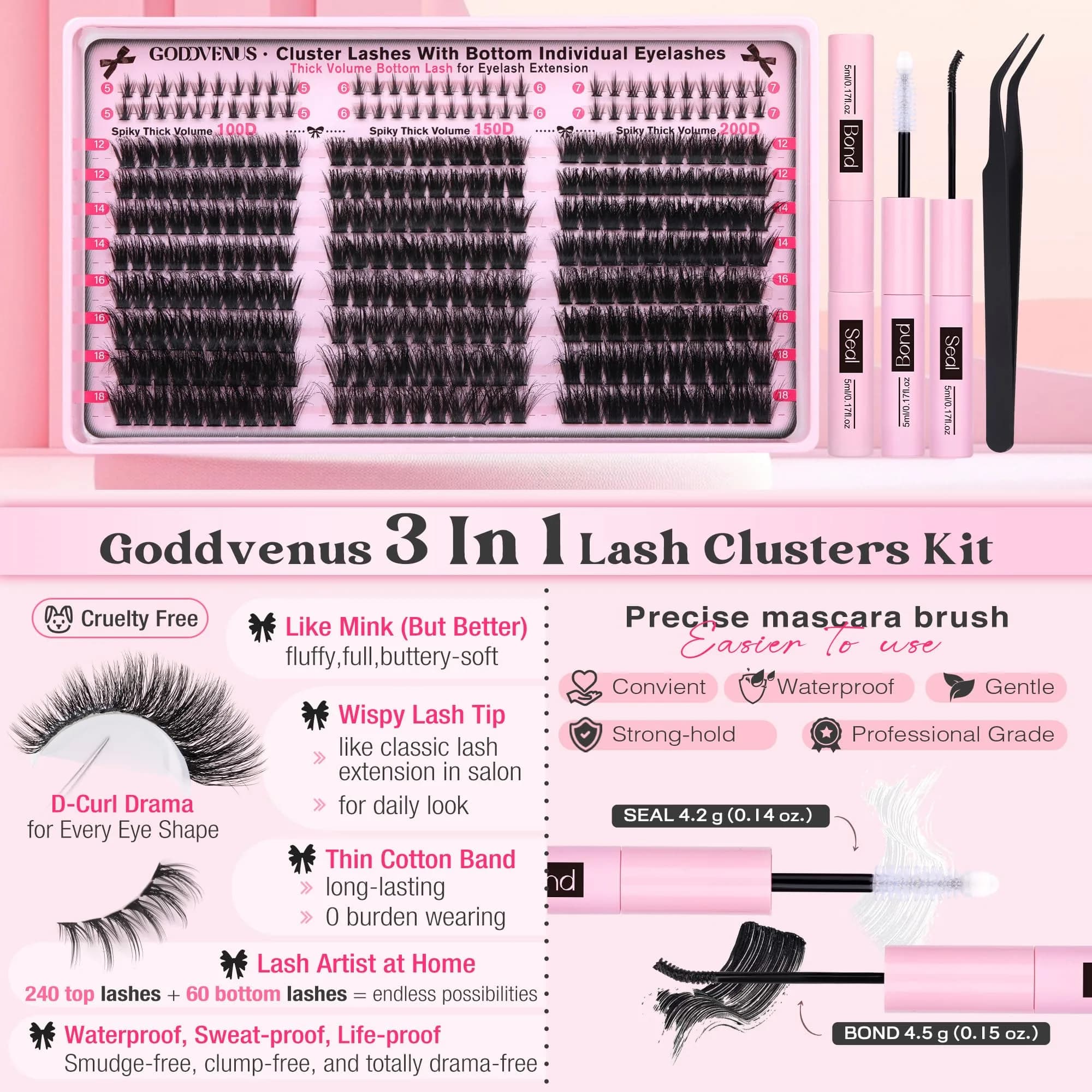 Goddvenus Fluffy Lash Clusters Kit D Curl Volume Cluster Eyelash Extensions 240pcs Upper + 60pcs Bottom Lashes - view 7
