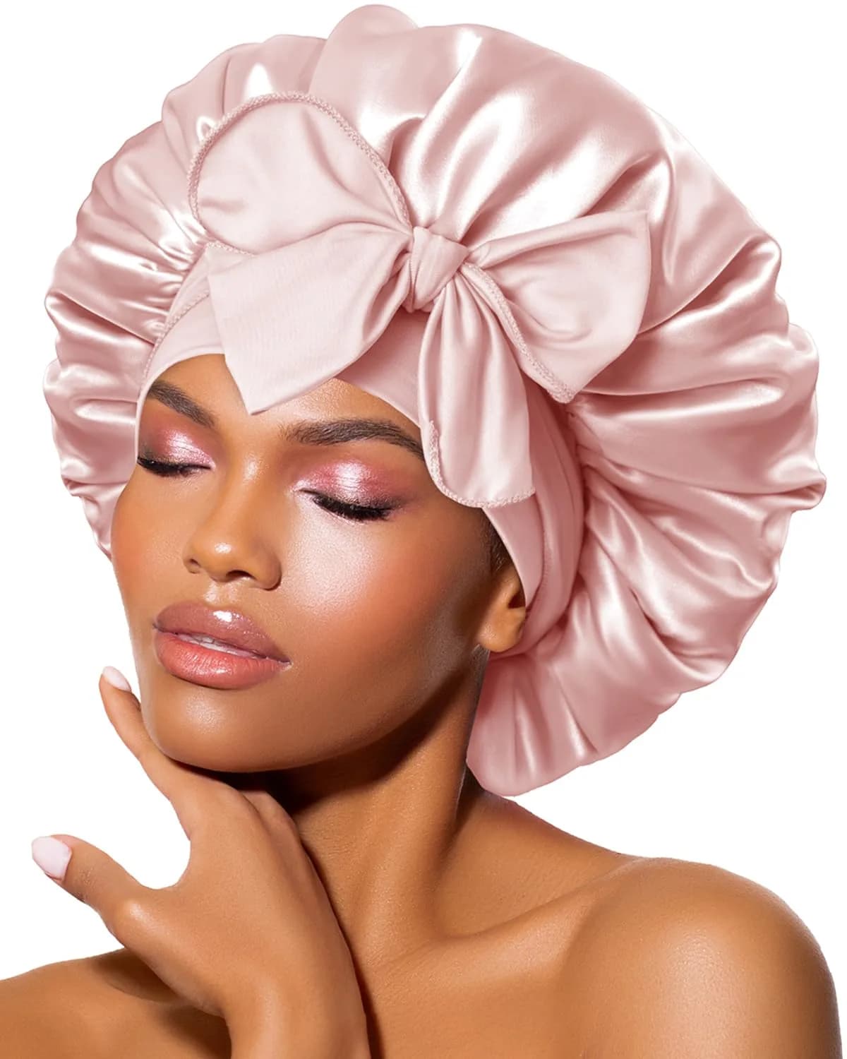 BONNET QUEEN Silk Bonnet for Sleeping for Women Satin Bonnet Night Cap for Curly Hair with Tie Band, Cream Pink | Moisture & Frizz Control