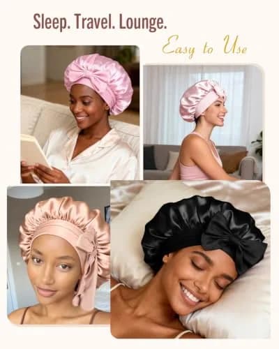 BONNET QUEEN Silk Bonnet for Sleeping for Women Satin Bonnet Night Cap for Curly Hair with Tie Band, Cream Pink | Moisture & Frizz Control thumbnail 5