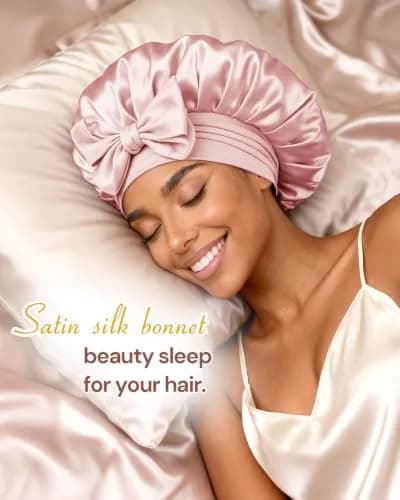 BONNET QUEEN Silk Bonnet for Sleeping for Women Satin Bonnet Night Cap for Curly Hair with Tie Band, Cream Pink | Moisture & Frizz Control thumbnail 2