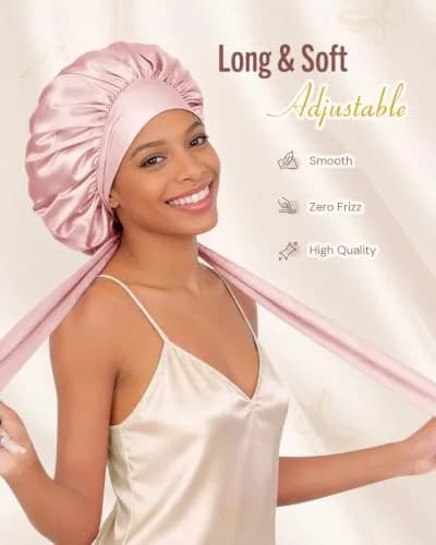 BONNET QUEEN Silk Bonnet for Sleeping for Women Satin Bonnet Night Cap for Curly Hair with Tie Band, Cream Pink | Moisture & Frizz Control thumbnail 3