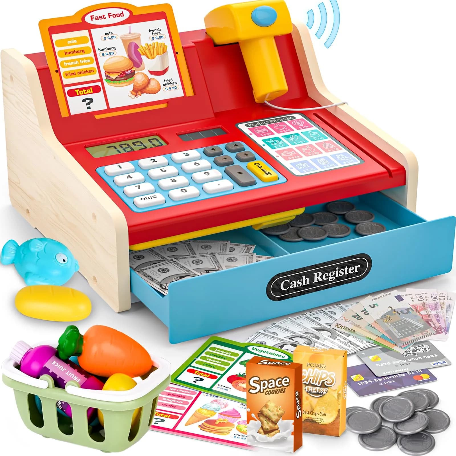 Maysida Wooden Toy Cash Register for Kids | Pretend Play Role-Playing Gift (8.7 x 8 x 4.7 inches) - main product image