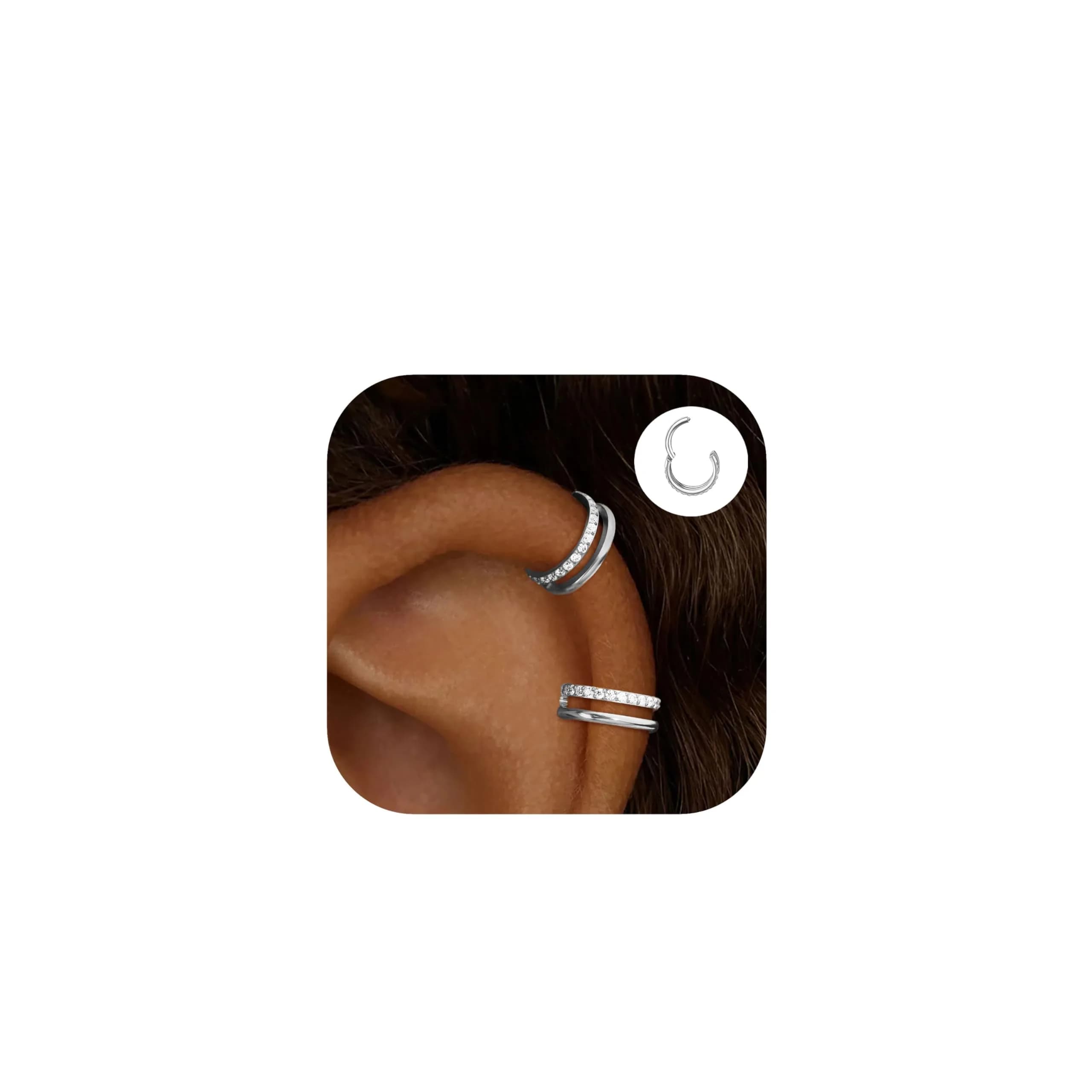 Qyalie Cartilage Helix Conch Piercing Jewelry 14K Gold Plated Stainless Steel | Double Hoop with Cubic Zirconia — Zircon Silver