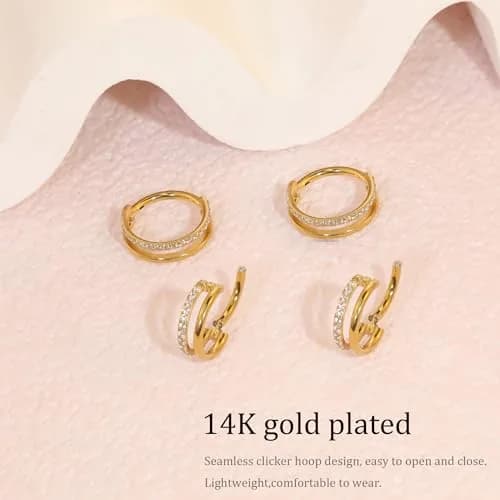 Qyalie Cartilage Helix Conch Piercing Jewelry 14K Gold Plated Stainless Steel | Double Hoop with Cubic Zirconia thumbnail 4