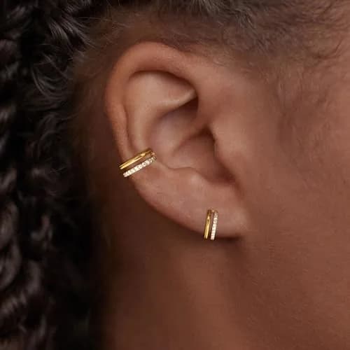 Qyalie Cartilage Helix Conch Piercing Jewelry 14K Gold Plated Stainless Steel | Double Hoop with Cubic Zirconia thumbnail 5