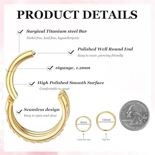 Qyalie Cartilage Helix Conch Piercing Jewelry 14K Gold Plated Stainless Steel | Double Hoop with Cubic Zirconia thumbnail 2