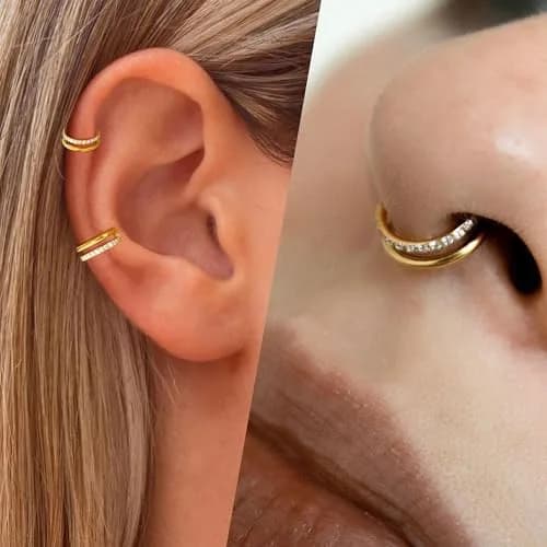 Qyalie Cartilage Helix Conch Piercing Jewelry 14K Gold Plated Stainless Steel | Dainty Double Hoop Earrings for Women thumbnail 7