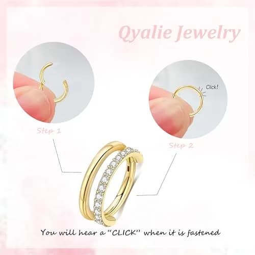 Qyalie Cartilage Helix Conch Piercing Jewelry 14K Gold Plated Stainless Steel | Dainty Double Hoop Earrings for Women thumbnail 3