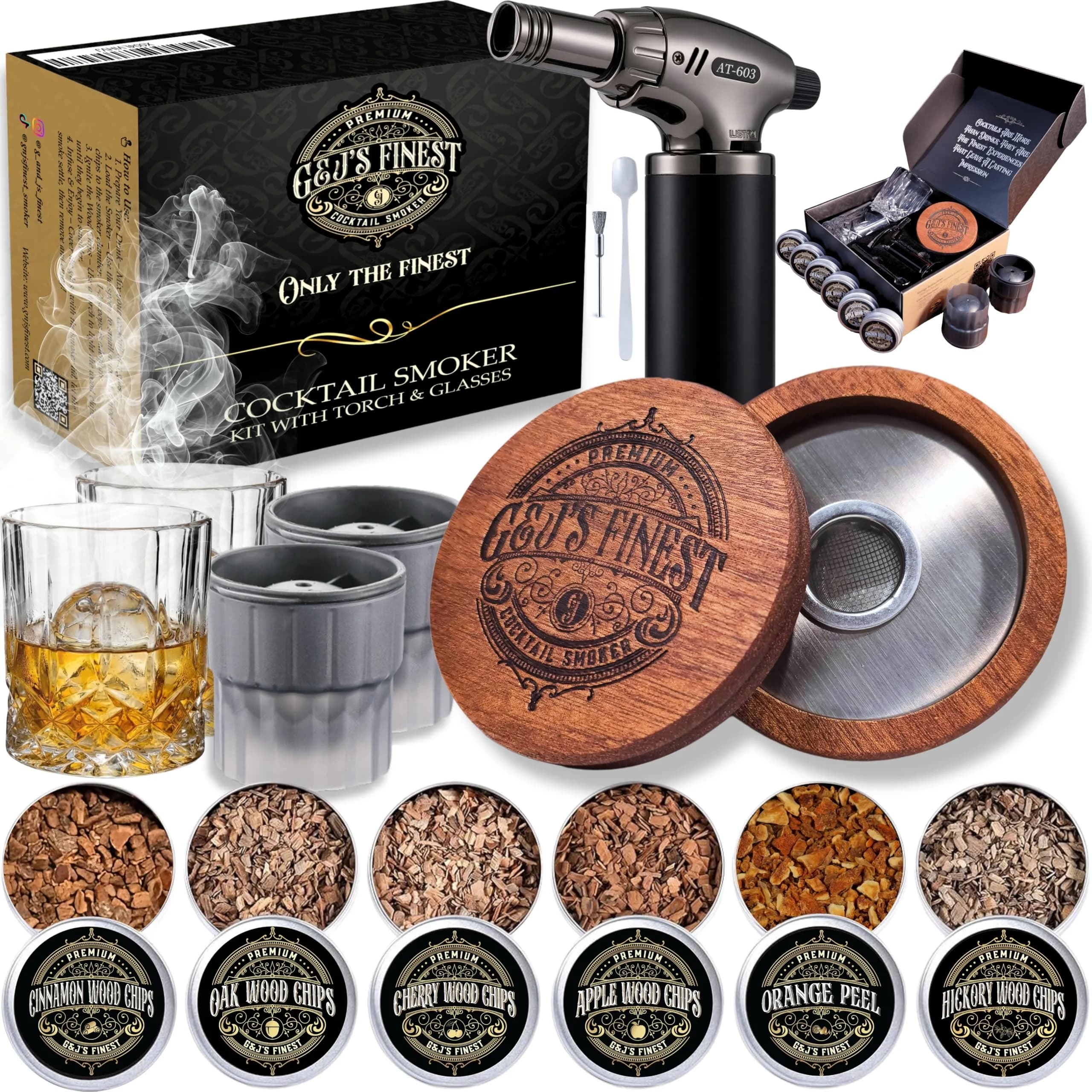G & J's Finest Cocktail Smoker Kit with Torch, 6 Wood Chips & 2 Glasses | 4.5 inch — Kit with Glasses and Ice Ball Molds