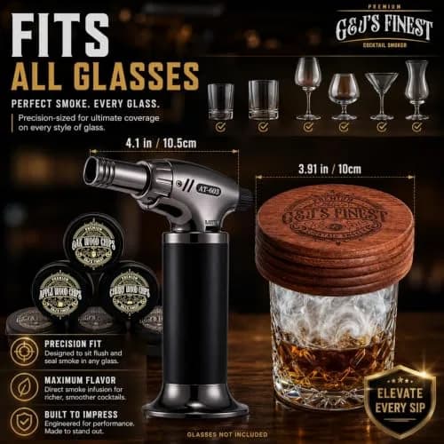 G & J's Finest Cocktail Smoker Kit with Torch, 6 Wood Chips & 2 Glasses | 4.5 inch thumbnail 7
