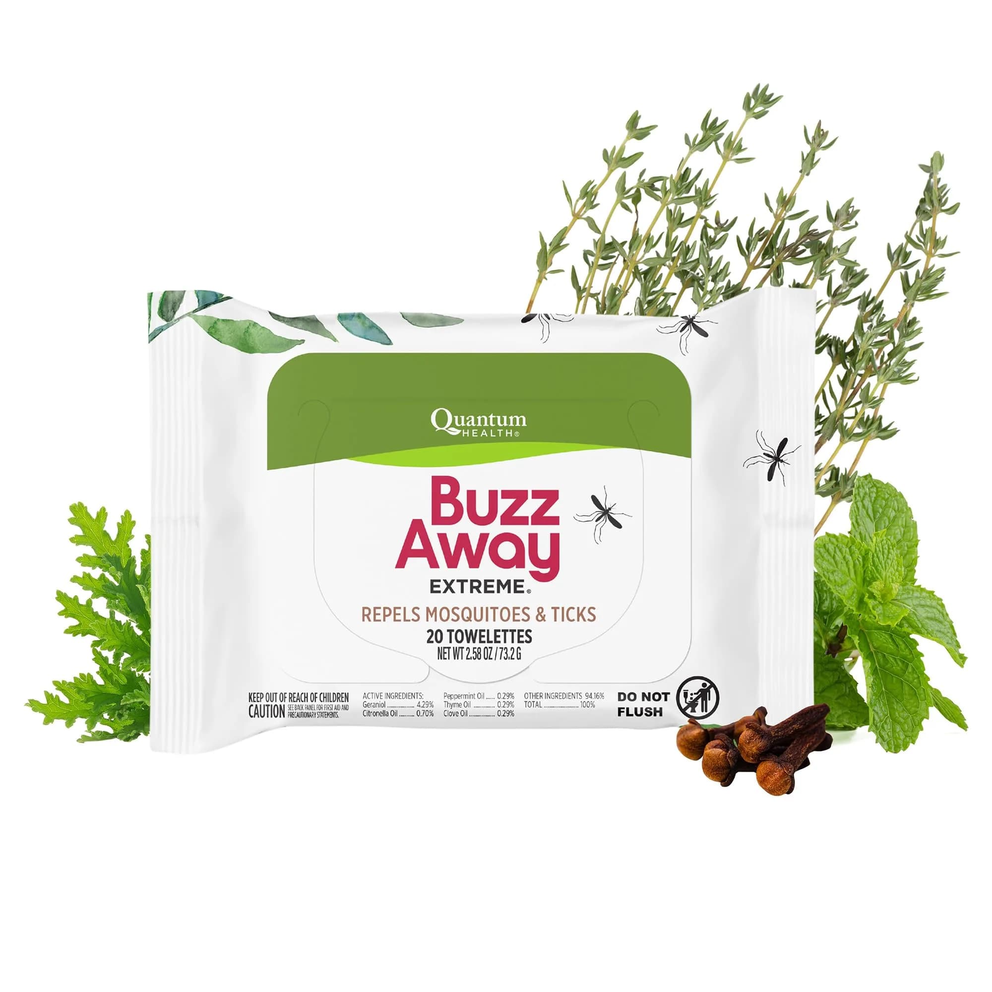 Quantum Buzz Away Extreme Mosquito & Tick Wipes | DEET-Free, 20 Count, Natural Essential Oils for Outdoor Protection
