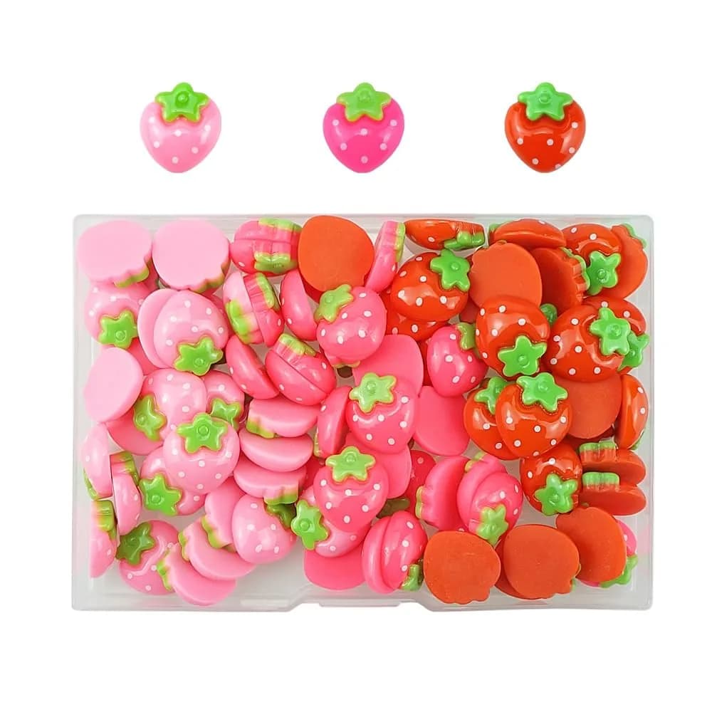 SaktopDeco Resin Strawberry 90 PCS Flat Back Embellishments for Crafts Accessories | Bright, Flat Back, No Holes — Pink Red