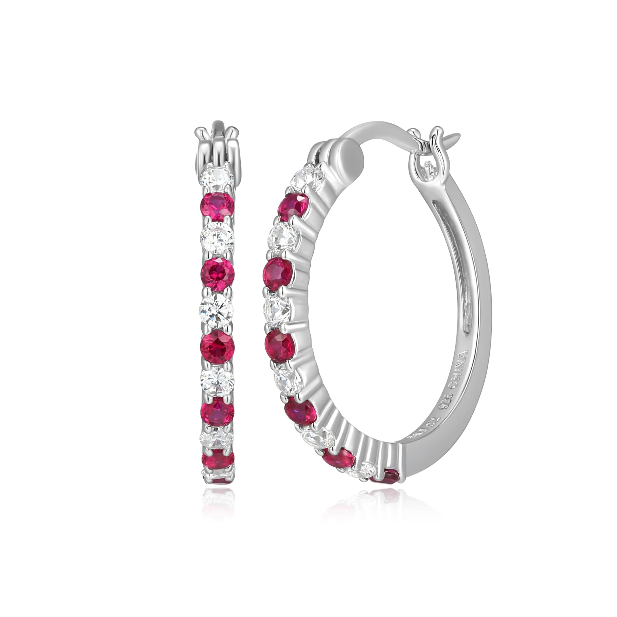 MORGAN & PAIGE .925 Sterling Silver Rhodium Plated Lab Created Ruby & Cubic Zirconia Hoop Earrings | Lightweight & Hypoallergenic (70-120 chars) — Ruby