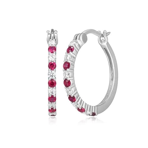 MORGAN & PAIGE .925 Sterling Silver Rhodium Plated Lab Created Ruby & Cubic Zirconia Hoop Earrings | Lightweight & Hypoallergenic (70-120 chars) thumbnail 1